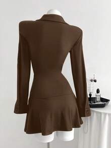 Elamini 1pc Women's Black Knitted Elastic Fabric Shirt Collar Dress, Button Front Closure, Ruched, Casual Everyday Wear, Autumn - Brown - View 2