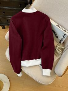 Resyla 女士撞色外套阔腿休闲运动裤两件套，秋季款 - 酒紅色 - 查看 5