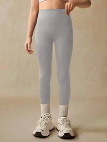 SHEIN Seamluxe Sport 高腰罗纹无缝修身女童紧身裤 - 云朵般柔软，第二层肌肤般柔软，速干透气，四向弹力紧身裤，适合跑步、骑行、瑜伽、泡菜球运动、休闲，黑色 - 淺灰色 - 查看 5