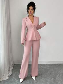SHEIN Elenzya 女士优雅荷叶边下摆西装外套搭配直筒裤套装，浪漫精致的商务装扮 - 粉色 - 查看 4