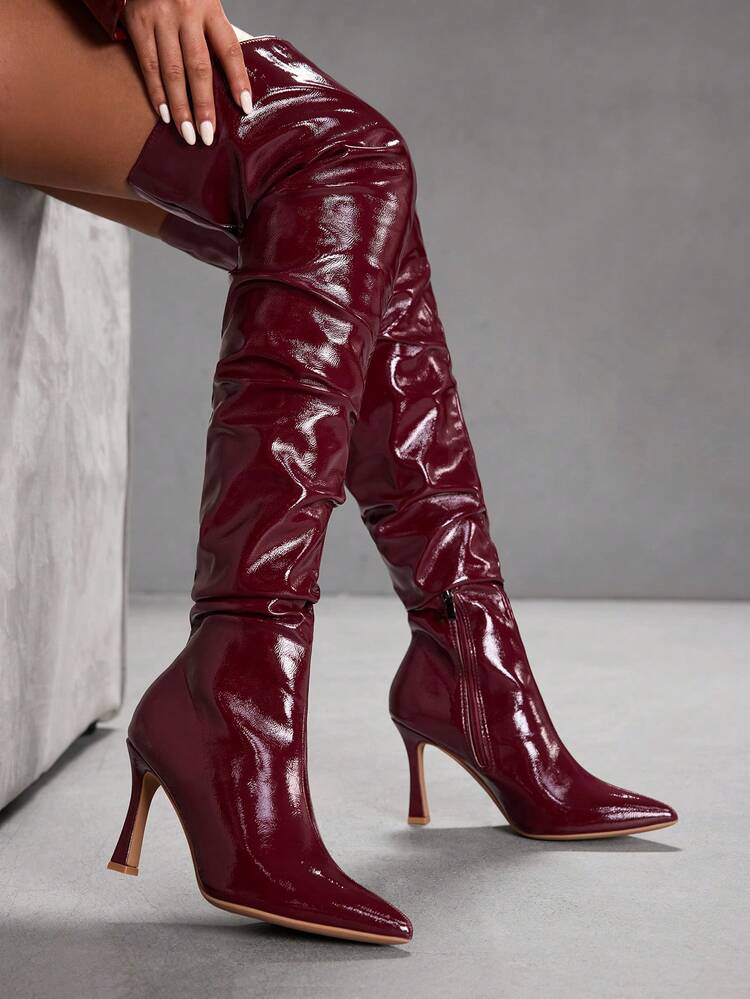 CUCCOO SZL Fashionable Pointed Toe Stiletto Heel Burgundy Thigh High Boots, Wrinkle Tall Boots, Sexy For Party, Banquet, Nightclub, Women Over-The-Knee High Heels For Christmas Spring Shoes