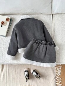 SHEIN 2pcs/Set Young Girl' Y2k Grey Denim Thermal Lined Short  Jacket& Skirt Set,Fleece Warm Suit,Fall Clothes,Winter Clothing ,Casual And Fashionable Vacation Outfits,Fleece Thermal Jacket - Grey - View 5