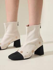 CUCCOO CHICEST Autumn/Winter New Beige Chunky Heel Elastic Elegant Comfortable Non-Slip Versatile Women Ankle Boots For Christmas - Beige - View 6