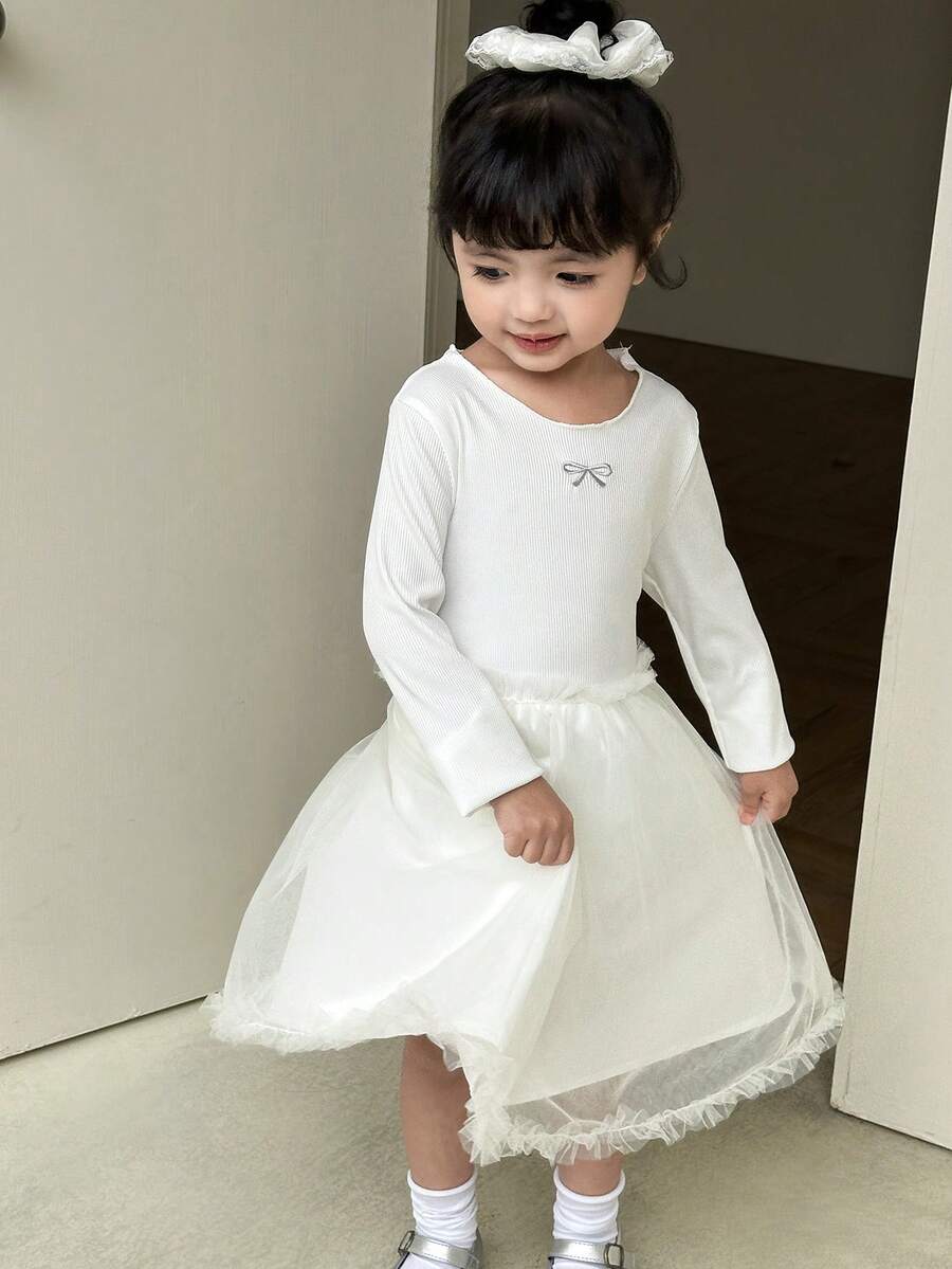 SHEIN Váy dài tay dệt kim và lưới thêu bướm phong cách Hàn Quốc/Nhật Bản cho bé gái - trắng - Xem 1