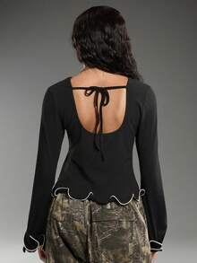 Normani Women's Ruffle Trim Round Neck Long Sleeve Fashion T-Shirt - Black - View 2