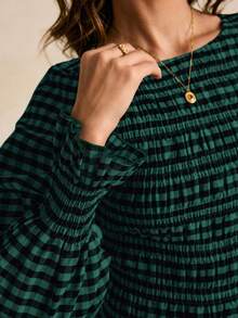 Poéselle Women's Striped Round Neck Long Sleeve Ruffle Hem Fashionable Blouse Green Blouses Plaid Tops Green Tops For Women Puff Sleeve Tops - Dark Green - View 6