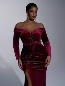 Aureia فستان أنيق فاخر من الفلفت الكوري باللون البرغندي، كتف مكشوف، أكمام طويلة، مطوي من الجانب، شق عالي، ذيل سمكة مع ذيل، مناسب لحفلات المساء، حفلات العزاب، المواعدة، الحفلات الراقصة، الزفاف، والمناسبات الرسمية