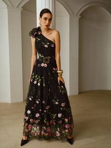 ZEYLAH 3D Floral Embroidered Mesh Women Dress - Black - View 5