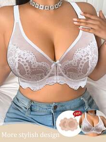 SHEIN 1pc Plus Size Women Lace Bow Decor Fashion Underwire Lingerie Bra - White - View 6