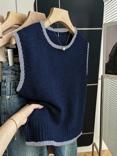 Franclia 女士休闲宽松圆领无袖针织撞色滚边卡其色毛衣上衣，春秋季