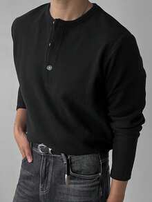 DAZY Men's Black Round Neck Partial Button-Up T-Shirt, Autumn - Black - View 6