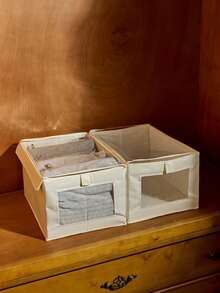 Cirelle 1/2 piezas Cajas de almacenamiento plegables de tela descubiertas/tapadas con ventana visible, contenedores de almacenamiento con cajón tipo hogar para organizar vaqueros - Beige con tapa - View 3