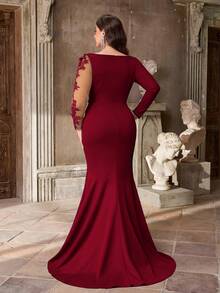 Aureia Vestido elegante y lujoso de talla grande para otoño e invierno con bordados de encaje, aplicaciones de diamantes y cuentas, manga larga, bajo de sirena, adecuado para cena, boda, fiesta de graduación, fiesta de Navidad, baile de graduación y Día de San Valentín (modelo pesado) - Burdeos - Ver 2
