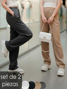 Kit de 2 pantalones de pierna amplia para mujer, multicolor, tela de algodón y poliéster, aptos para temporadas de primavera y verano, ajuste de cintura natural, sin bolsillos. Frescos, ligeros y cómodos. Pequeño broche metálico y cadenilla decorativos. Te llegarán 2 pantalones en colores al azar. - Multicolor - Ver 2