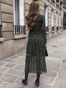 Pariaura Women's Dark Green Autumn Elegant Long Dress With Leopard Print & Ruched Details,Chic Delicate Tulle Figure-Flattering Apparel For Night Out - Multicolor - View 2
