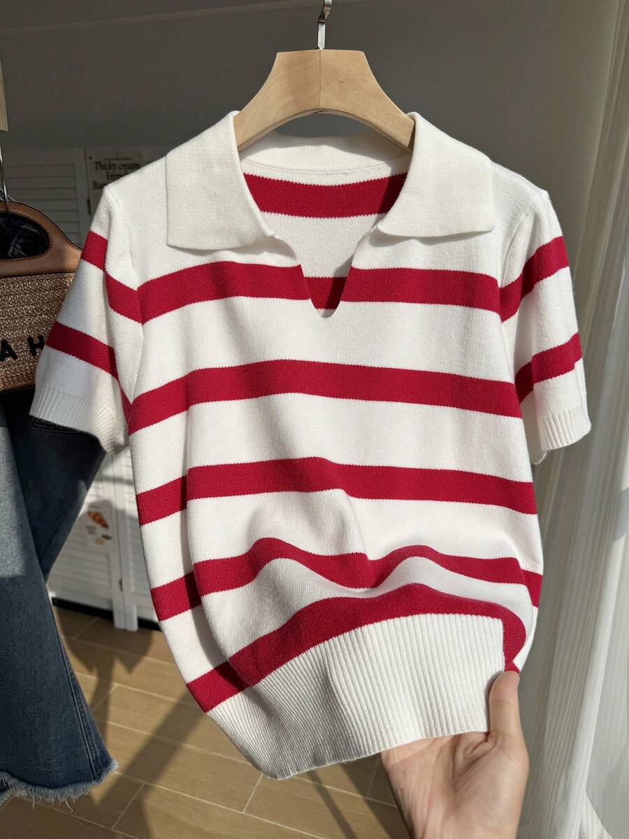 SHEIN Comfortcana Áo len dệt kim sọc Colorblock cỡ lớn thường ngày, mùa xuân/hè - Đỏ và trắng - Xem 1