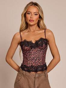 SHEIN Glamour Women's Y2K Contrast Lace Leopard Print Fashion Camisole - Brown - View 4