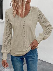 EMERY ROSE Casual Solid Color Lace Patchwork Long Sleeve T-Shirt, Autumn - Apricot - View 4