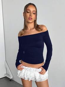 SHEIN EZwear Áo thun dài tay hở vai màu xanh navy, thường ngày dành cho nữ, mùa xuân/thu - Màu xanh hải quân - Xem 8