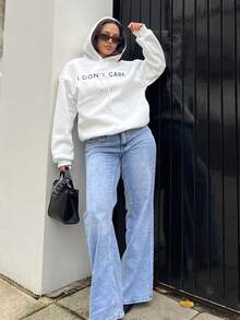 NegzBox Casual Simple "I Don't Care" Graphic Print White Hooded Long Sleeve Loose Thick Fleece Sweatshirt For Women Back To School Fall And Winter Clothing Hoodie - White - View 5