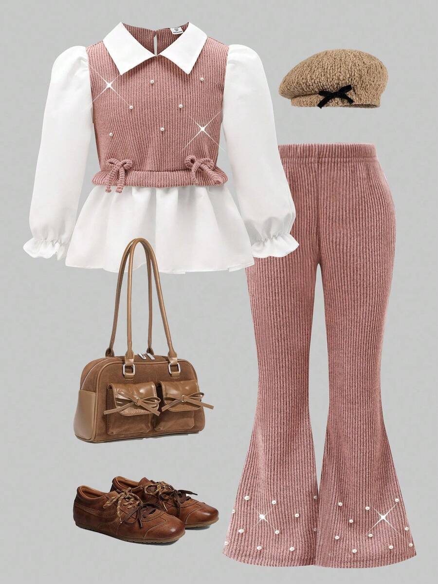 女童休闲衬衫套装，卡其色蝴蝶结设计，串珠针织罗纹面料，白色长袖翻领荷叶边下摆衬衫，搭配卡其色珍珠喇叭裤，2 件套，适合返校季休闲、时尚、甜美、舒适的户外旅行装 - 粉色 - 查看 1