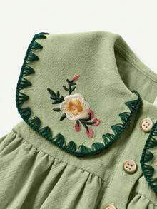 Cozy Pixies Baby Girl Floral Embroidered Sleeveless Dress With Sailor Collar And Front Buttons