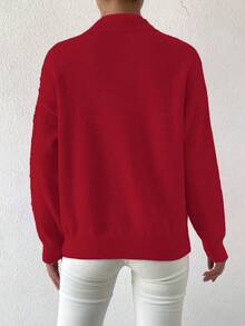 SHEIN LUNE 女士休闲日常通勤简约纯色高领落肩宽松套头毛衣，秋冬款 - Fiery Red - 查看 2