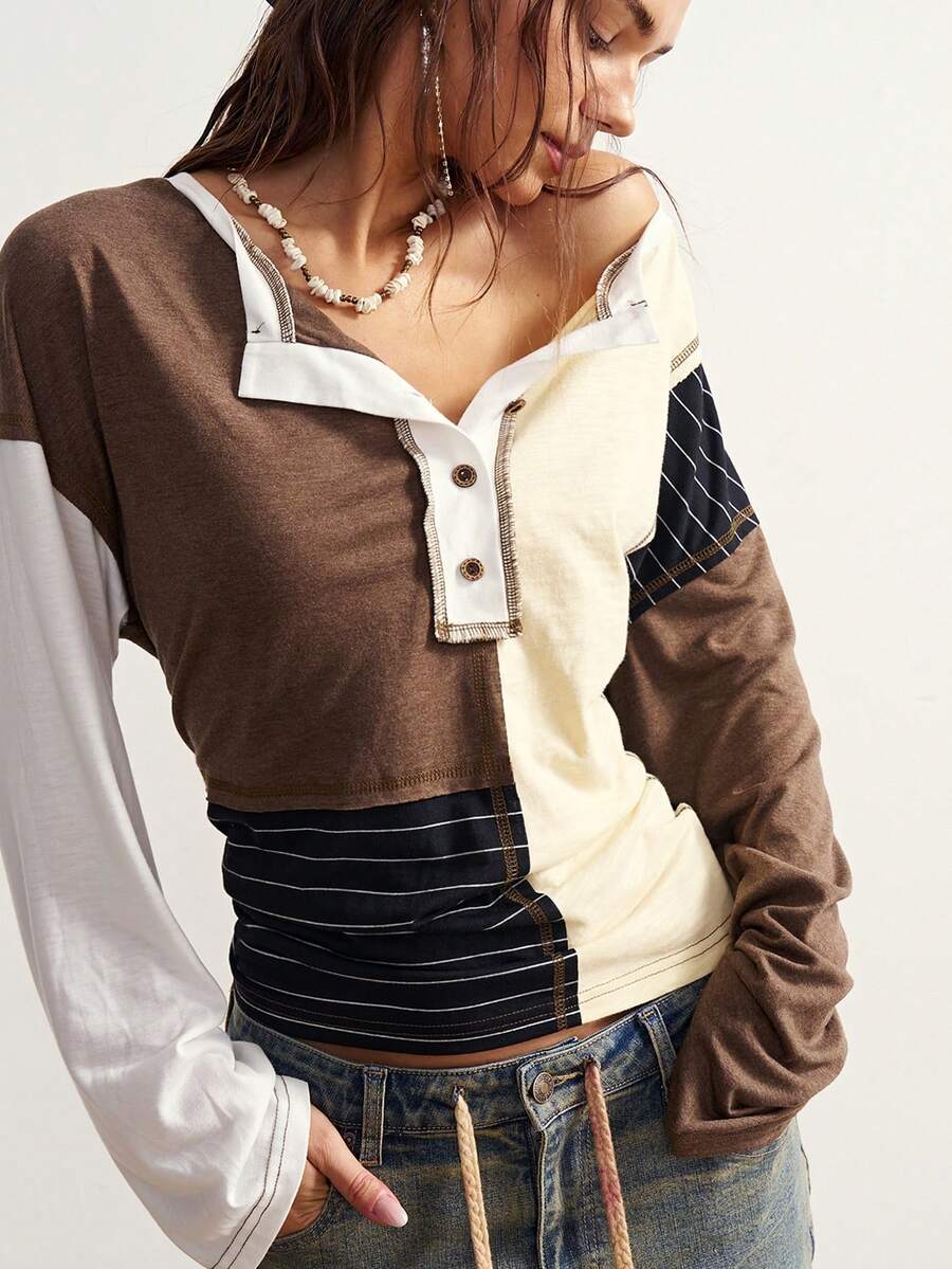 Bohemela 女士休闲针织拼接半拉链宽松长袖T恤 - 彩色 - 查看 1