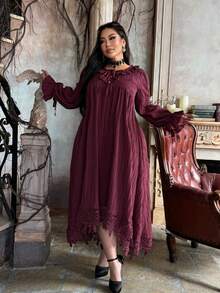 Lyrianda Romantic French Ruffled Red Flared Waist Dress, High-End Ethereal Gentle Long Dress For Women, Sweet Girly French Retro Big Round Collar Lace Trim Long Sleeve Puff Sleeve Slimming High Waist Dress - Burgundy - View 6