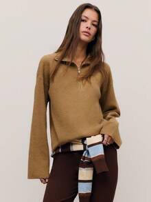 Nöista Women's Chocolate Brown Camel Knit Set,Half-Zip Sweater & Wide-Leg Pants Ribbed Texture,Autumn Casual Lounge Soft Winter Clothes For Thanksgiving - Khaki - View 1