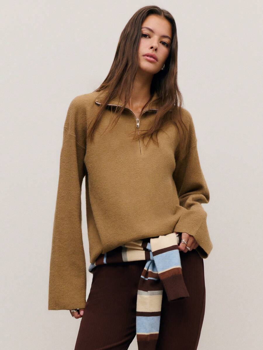 Nöista Women's Chocolate Brown Camel Knit Set,Half-Zip Sweater & Wide-Leg Pants Ribbed Texture,Autumn Casual Lounge Soft Winter Clothes For Thanksgiving - Khaki - View 1
