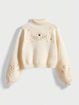 Hippie pull rétro bohème aux vibrations de vacances avec broderie de lune et d'étoiles bleu-vert