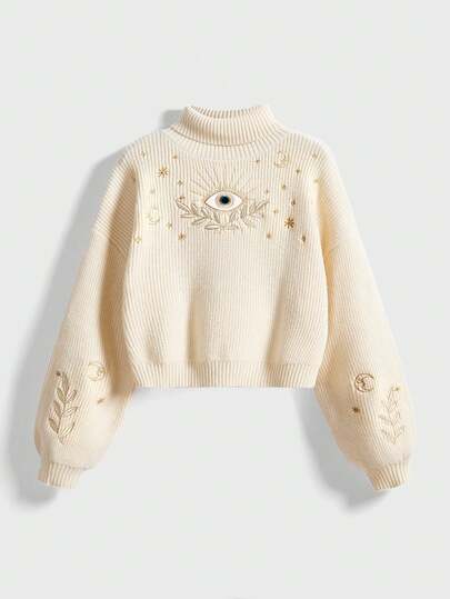 Hippie Suéter de cuello redondo con bordado de luna y estrellas en tonos azul-verde, con vibra retro y bohemia de vacaciones