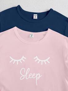 4件套女童纯色紫色上衣+格子裤套装，白色英文字母和睫毛印花上衣+格子裤+发圈 - 藏蓝色 - 查看 3