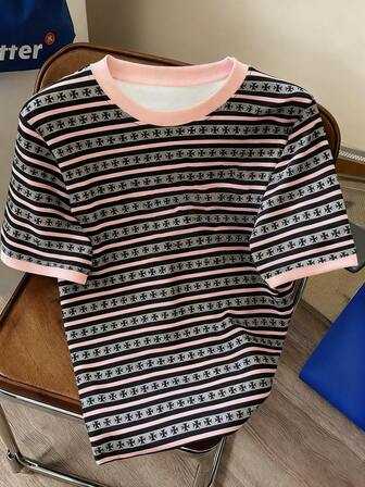 Camiseta Masculina de Gola Redonda Estampada - Top Casual de Gola Redonda - Camiseta Leve Adequada para Todas as Estações