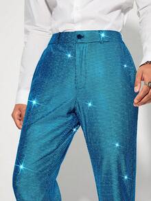 Manfinity BRENVOR 针织休闲时尚宽松长裤，带口袋，箔印图案 - 寶藍色 - 查看 3