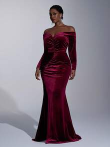 Aureia فستان أنيق فاخر من الفلفت الكوري باللون البرغندي، كتف مكشوف، أكمام طويلة، مطوي من الجانب، شق عالي، ذيل سمكة مع ذيل، مناسب لحفلات المساء، حفلات العزاب، المواعدة، الحفلات الراقصة، الزفاف، والمناسبات الرسمية