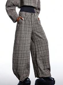 SHEIN EZwear 大码女式千鸟格口袋宽松休闲裤 - 彩色 - 查看 5
