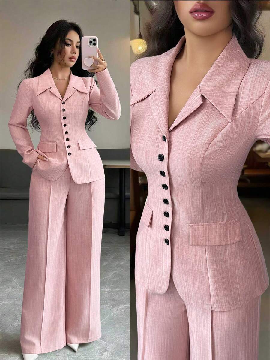 Elenzga 女士粉色竹纤维面料翻领束腰夹克，带口袋盖仿口袋设计，优雅专业正装，适合会议、教师、高端场合穿着。 - 粉色 - 查看 1