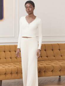 lacRébo White Cozy Ribbed Pajama Set With Lace-Trimmed Neckline And Delicate Flower Details - Soft And Feminine Sleepwear White Soft Sleepwear - Beige - View 3