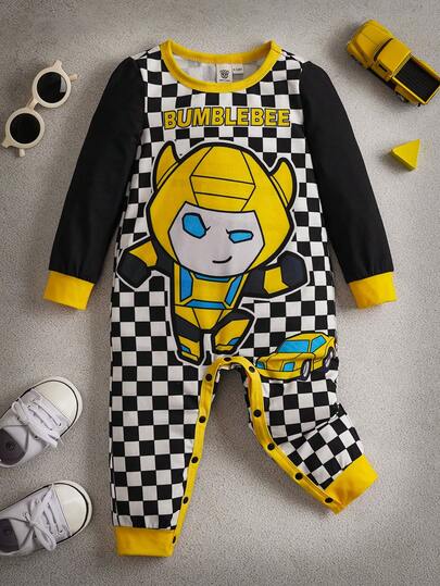 Transformers X SHEIN Baby Boy Cartoon Robert & Checkered Pattern Round Neck Drop Shoulder Long Sleeve Knit Jumpsuit
