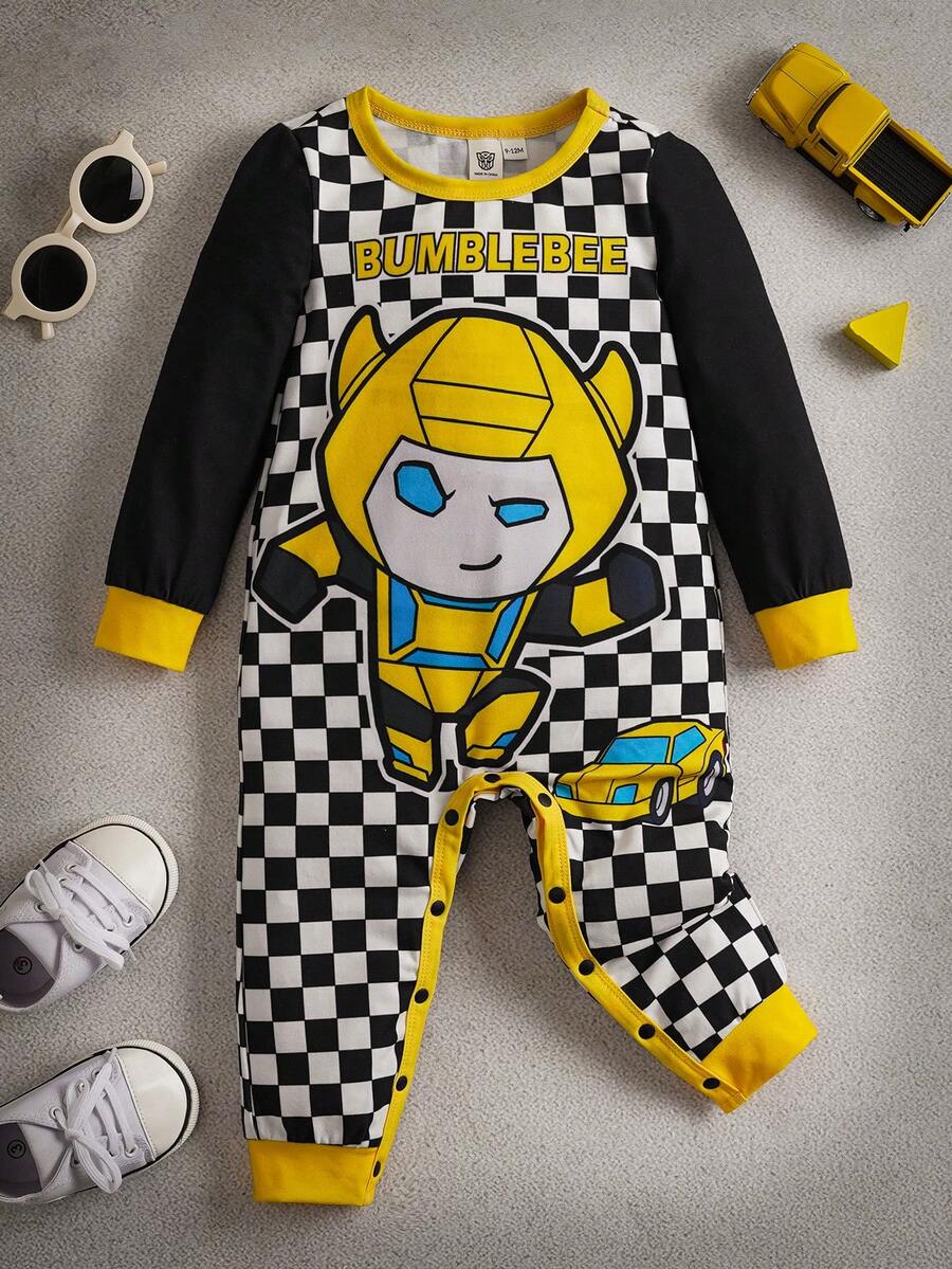 Transformers X SHEIN 男婴卡通罗伯特格子图案圆领常规肩长袖针织连体衣 - 黑與白 - 查看 1