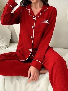 SHEIN Bow Decor Contrast Trim Front Button Long Sleeve Top And Pants Pajama Set Women Red Pajamas For Women Sleepwear 2 Pieces Set, Fall & Winter Clothes
