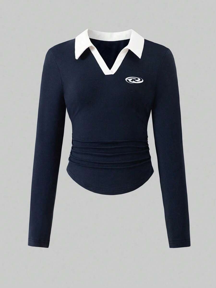 Sparklyn 青少年女孩拼色领长袖休闲骑士印花T恤 - 藏蓝色 - 查看 1