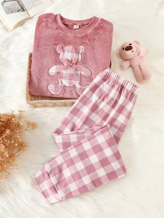 女童休闲格子印花泰迪熊刺绣卫衣和格子裤套装（2件），秋冬季舒适家居服