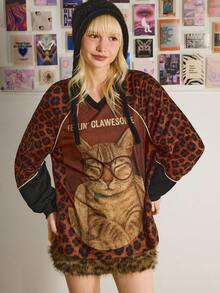 Y2Kool Maria Clara Maia 女士豹纹拼接撞色猫咪Y2K街头风V领长袖宽松休闲卫衣，适合秋冬季派对、聚会和日常穿着。Ahs风格猫咪衬衫，动物印花Grunge Gyaru图案上衣，动物印花衬衫，春季女士生日礼物，嘉年华礼物。 - 彩色 - 查看 2