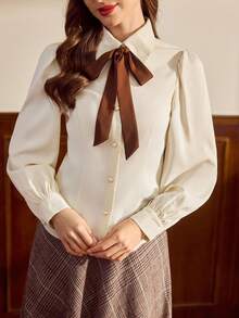 Vintamour Áo sơ mi nữ cổ điển thanh lịch với nơ và cúc áo phối màu tương phản, thích hợp cho công sở, kỳ nghỉ và các dịp lễ hội mùa đông, Giáng sinh, năm mới, năm mới thanh lịch dành cho nữ. - Màu be - Xem 4