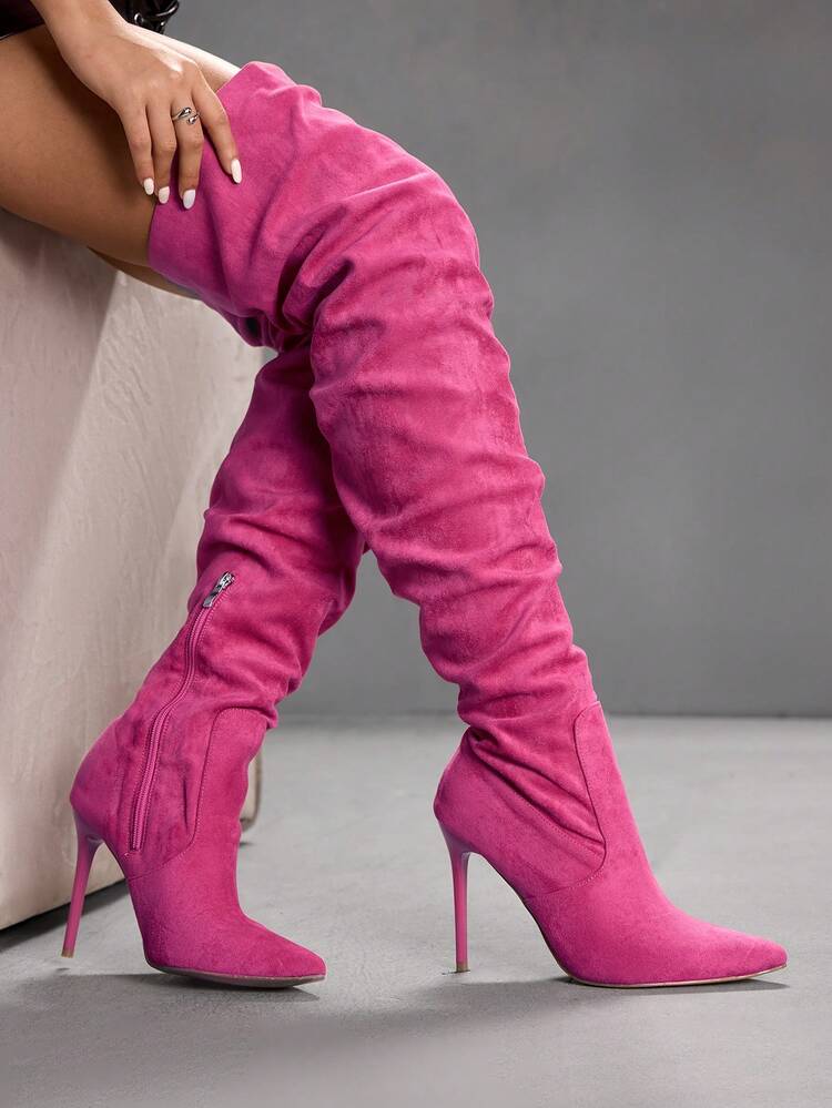 CUCCOO SZL Women's Fashion Sexy Pointed Toe Stiletto Heel Thigh High Boots, Black Pull-On Over-The-Knee Boots For Christmas Spring Shoes