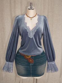 SHEIN ICON Plus Size V-Neck Lace Patchwork Lantern Sleeve Velvet Top Western Blouse Lantern Sleeve Blouse - Light Grey - View 3
