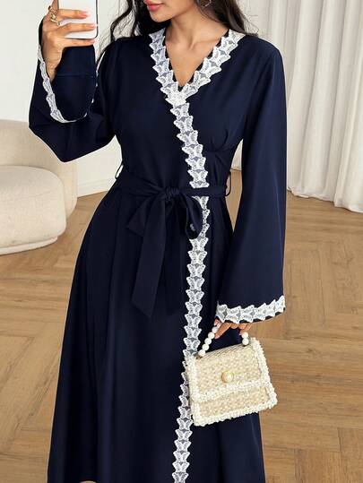 Al Najma Women's Blue Floral Lace Waist Cinched Waist A-Line Elegant Arabic Style Long Sleeve Dress, Autumn